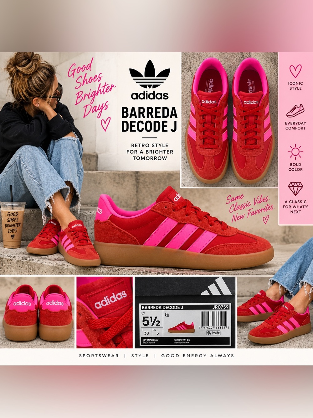 Adidas Barreda Decode J Sneakers Red Hot Pink Gum JR0759 Big Kids 5.5 NWT